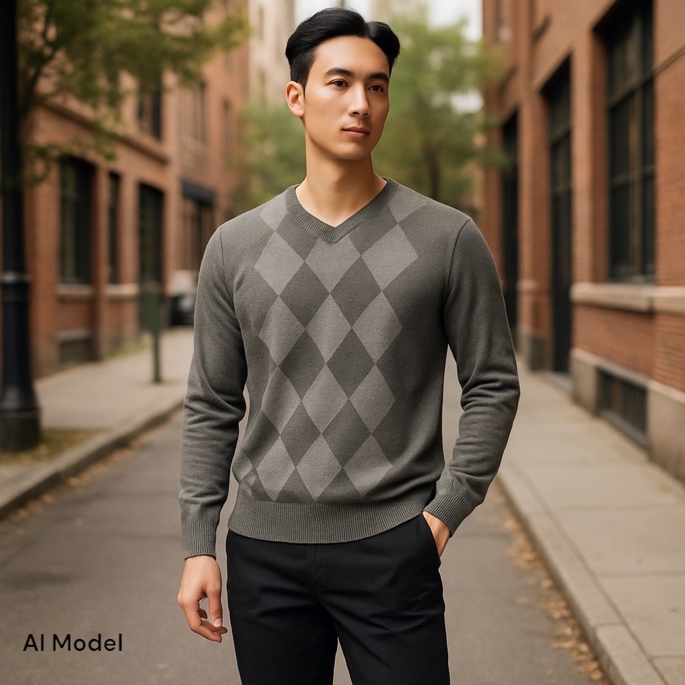 Banana Republic Men's Gray Cotton V-Neck Argyle Knit Sweater‎ Size Large